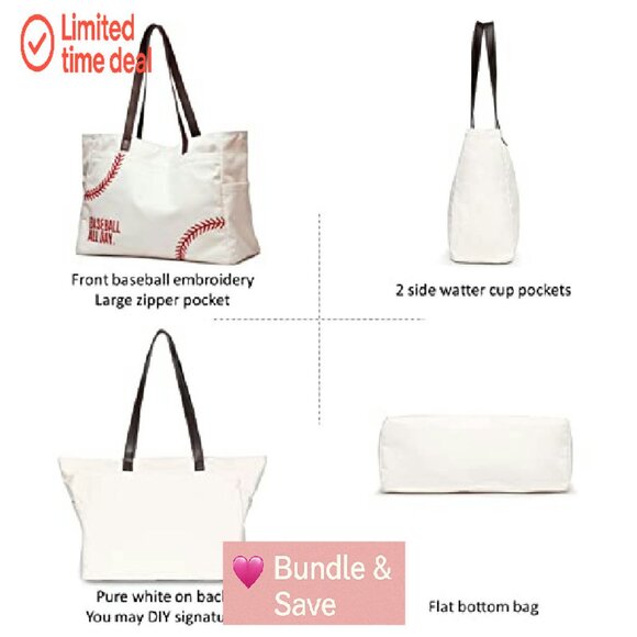 Large Canvas Baseball Tote Bag with Multiple Pockets for Sports Games - Picture 5 of 8